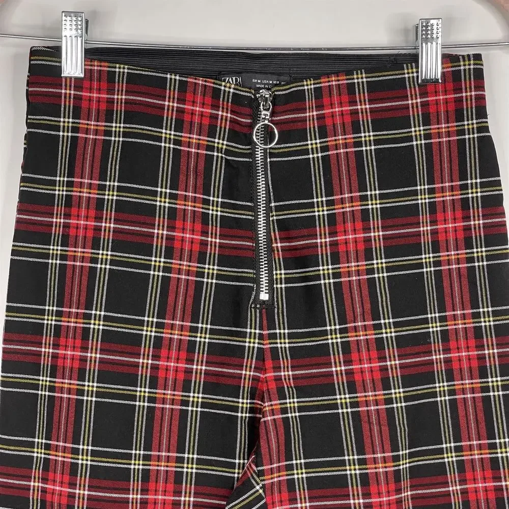 2/$30 ZARA Tartan Plaid Zip-up Skinny Pants Ring Pull Medium Red Black #7310 - Picture 4 of 16